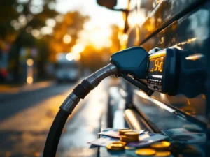 Brandstofpomp vult vrachtwagen met gouden HVO biobrandstof, rekenmachine en eurobiljetten op dashboard bij AVIA tankstation