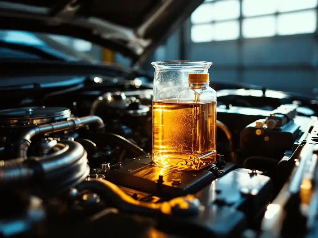 Glanzende automotor met glazen container goudkleurige HVO-brandstof, chromen onderdelen en natuurlijk zonlicht in garage
