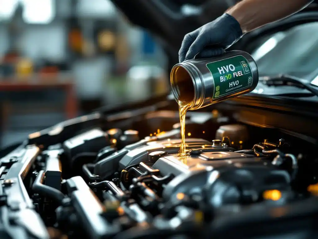 Monteur giet gouden HVO-biobrandstof uit groene jerrycan in glanzende motorruimte van auto in professionele werkplaats