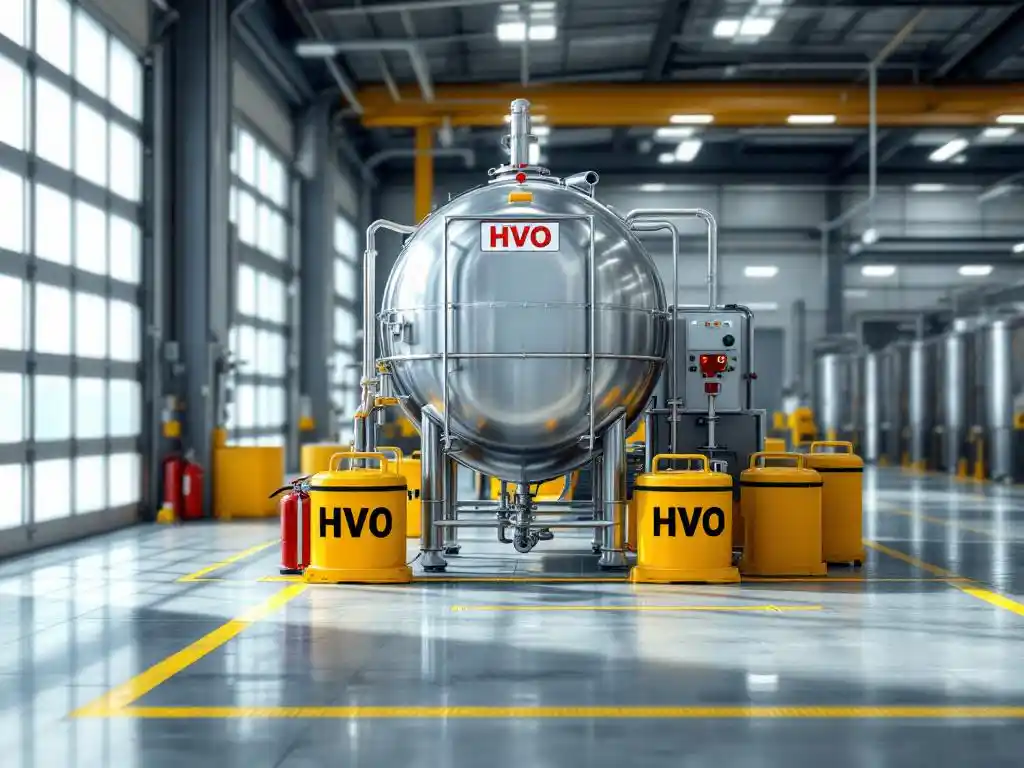 Grote roestvrijstalen HVO-brandstoftank in moderne brandstofopslagfaciliteit met veiligheidsuitrusting en gele markeringen