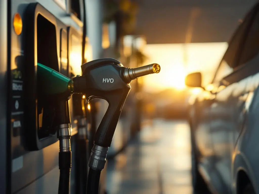 Glazen brandstofpistool vult moderne auto met gouden HVO biobrandstof bij AVIA tankstation in warm zonlicht