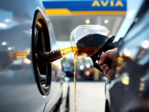 Glazen brandstofpistool vult moderne auto met gouden HVO-biobrandstof bij AVIA tankstation
