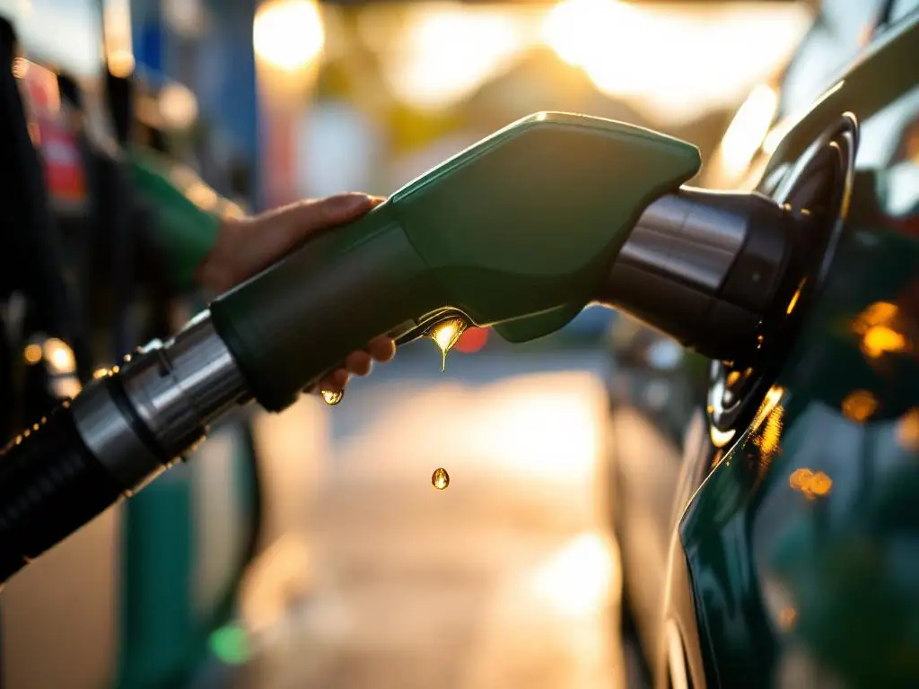 Moderne tankpistool vult auto met gouden HVO-biobrandstof, druppels glinsteren in zonlicht bij tankstation