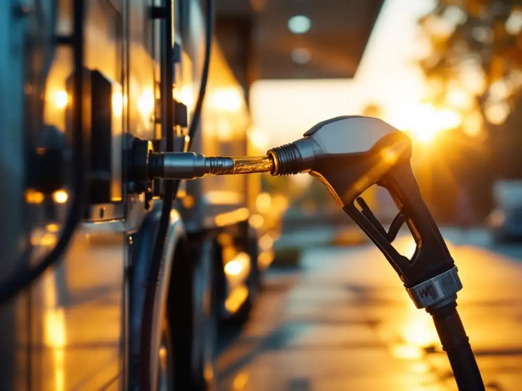 Moderne tankpistool vult vrachtwagentank met gouden HVO-biobrandstof naast traditionele dieselpomp op eigentijds tankstation