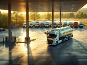 HVO-brandstoftruck vult ondergrondse tanks bij modern tankstation met commerciële voertuigen op achtergrond