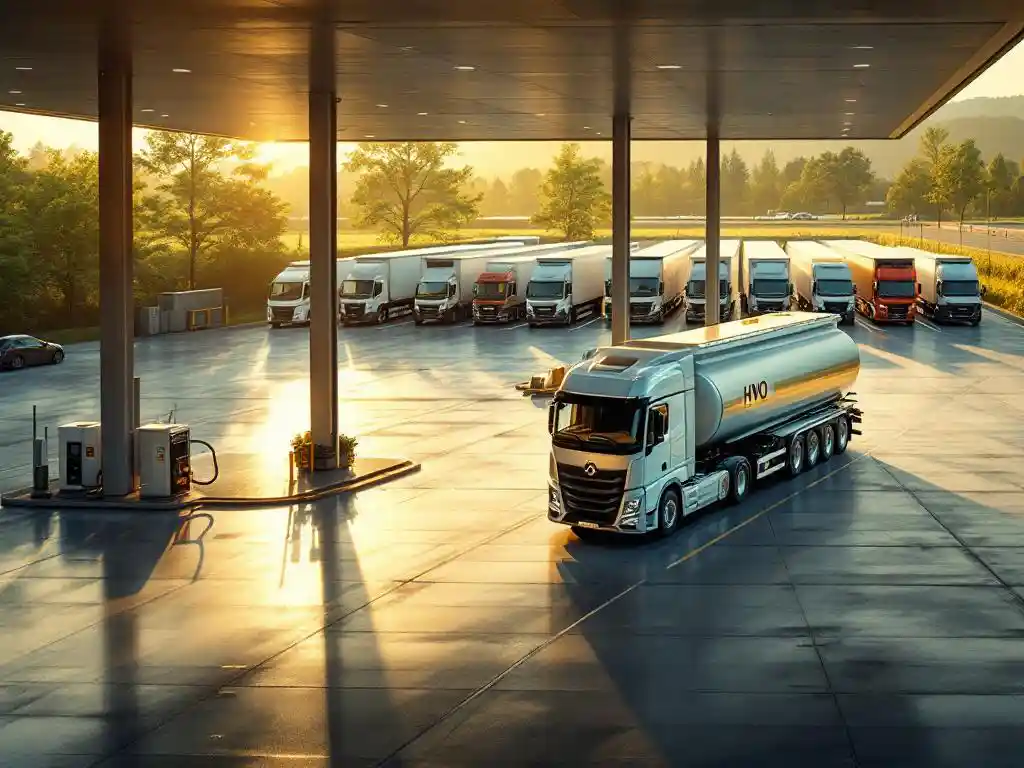 HVO-brandstoftruck vult ondergrondse tanks bij modern tankstation met commerciële voertuigen op achtergrond