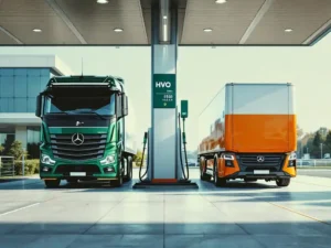 Moderne dieseltruck en personenauto bij HVO-tankstation met groene brandstofslangen, betonnen voorplein in daglicht
