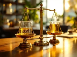 Messing weegschaal met glazen bekers vol plantaardige olie en HVO-brandstof op houten bureau in modern handelskantoor