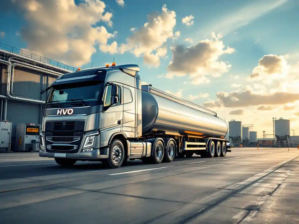 Zilveren HVO-tankwagen aangesloten op ondergrondse opslagtanks bij AVIA-brandstofterminal onder blauwe hemel