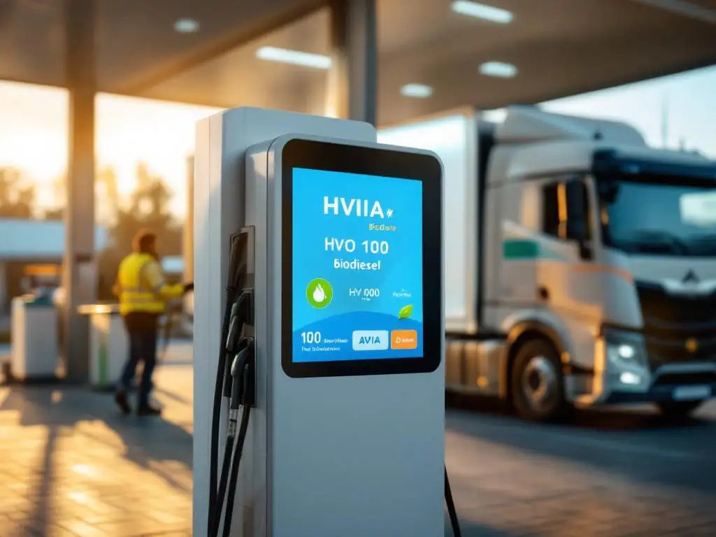 AVIA brandstoftank toont HVO100 biodiesel op digitaal scherm terwijl vrachtwagen tankt op modern tankstation