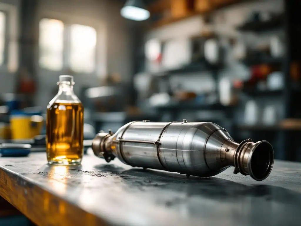 Zilveren katalysator op werkbank naast fles gouden HVO-biobrandstof in professionele autogarage