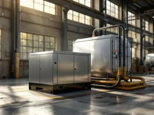 Noodstroomaggregaat met metalen behuizing naast moderne brandstoftank op betonnen industriële vloer, verbonden door brandstofslang
