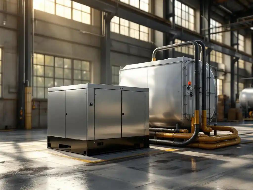 Noodstroomaggregaat met metalen behuizing naast moderne brandstoftank op betonnen industriële vloer, verbonden door brandstofslang