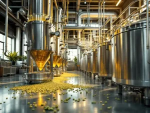 Industriële raffinaderij met roestvrijstalen vaten en gouden plantaardige olie die door glazen buizen stroomt, omringd door verse sojabonen en zonnebloempitten