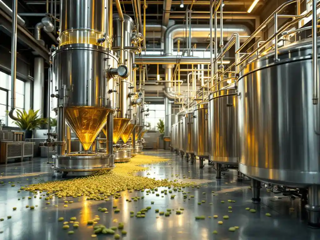 Industriële raffinaderij met roestvrijstalen vaten en gouden plantaardige olie die door glazen buizen stroomt, omringd door verse sojabonen en zonnebloempitten
