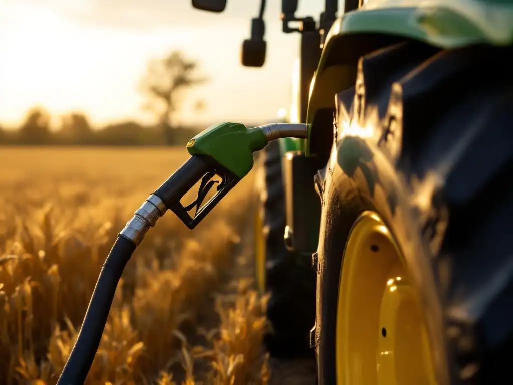 Groene en gele tractor wordt getankt met HVO biobrandstof op boerenerf met gouden tarwevelden op achtergrond