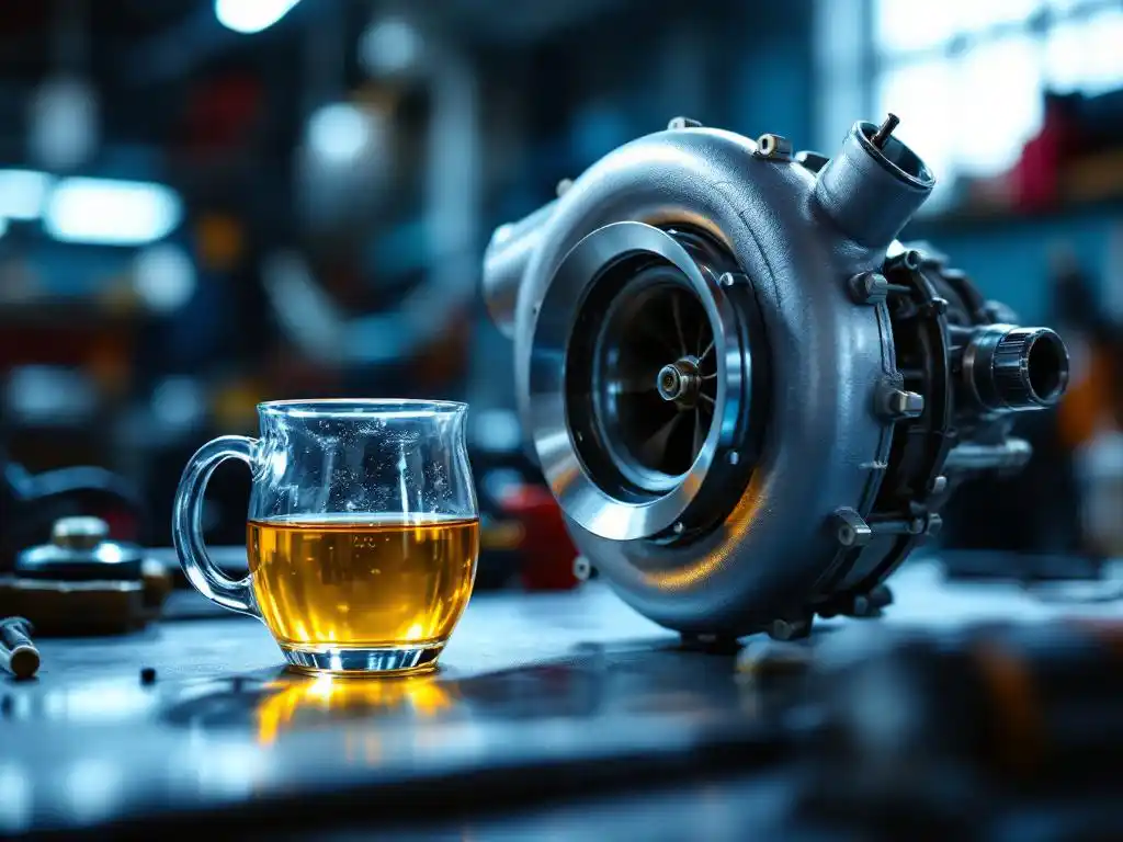 Glanzende turbocharger naast glazen container met gouden HVO-biobrandstof op werkbank met gereedschap