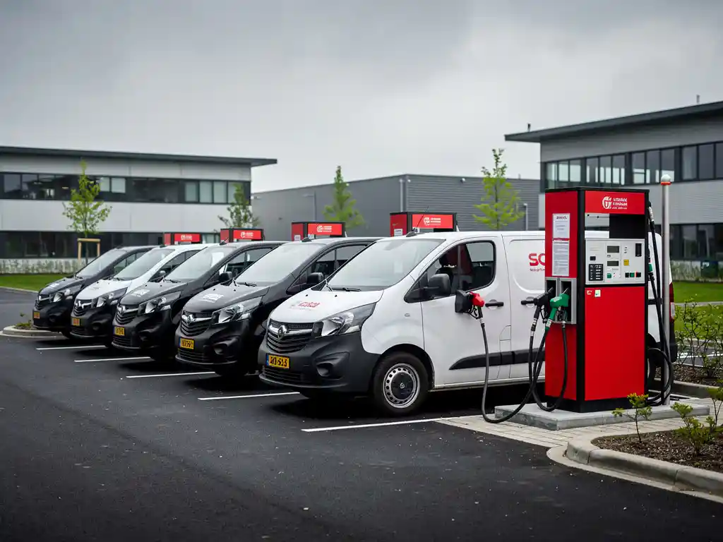 Witte en zwarte bedrijfsbussen bij een privétankstation op een Nederlands bedrijventerrein, één bus wordt getankt.