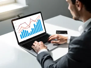 Vlootbeheerder analyseert brandstofkosten-dashboard op laptop met grafieklijnen en datatabellen, zwarte brandstofpas naast toetsenbord.