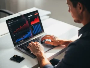 Wagenparkbeheerder analyseert brandstofkosten op laptop met rode grafieken en blauwe databars, brandstofpas naast toetsenbord.