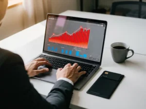 Vlootbeheerder analyseert brandstofkosten dashboard op laptop met rode grafieken, zwarte tankpas en koffie op wit bureau.