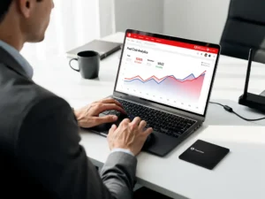 Vlootbeheerder bekijkt brandstofkosten-dashboard op laptop naast zwarte brandstofpas, met rode en blauwe grafieklijnen in wit kantoor.
