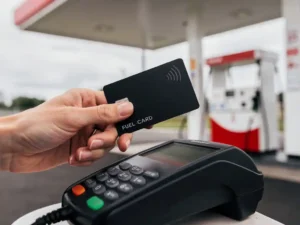 Zwarte brandstofpas bij moderne betaalterminal op Europees tankstation met witte overkapping en rode pomp op achtergrond.