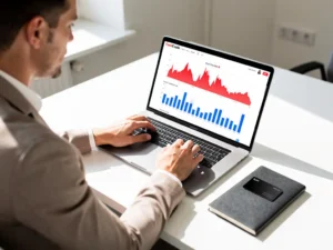 Wagenparkbeheerder analyseert brandstofkosten dashboard op laptop met zwarte brandstofpas op wit bureau.