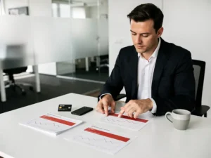 Wagenparkbeheerder bekijkt brandstofrapportages en een zwarte tankpas aan een wit bureau, met rode grafieken op de documenten.