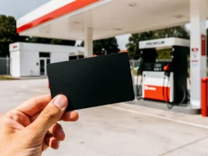 Zwarte brandstofpas tussen twee vingers bij een modern Nederlands tankstation met rode betaalterminal en witte luifel op de achtergrond.