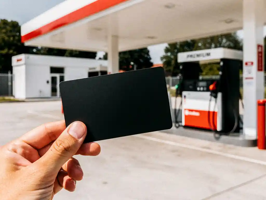 Zwarte brandstofpas tussen twee vingers bij een modern Nederlands tankstation met rode betaalterminal en witte luifel op de achtergrond.