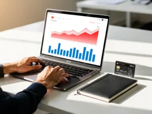 Wagenparkbeheerder bekijkt brandstofkostendata op laptop met rode grafieken, zwarte brandstofpas en notitieboek op wit bureau.