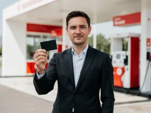 Zakelijke professional in donker blazer houdt een zwarte tankpas vast bij een modern Nederlands tankstation.
