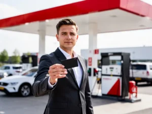 Zakelijke professional in donker blazer met tankpas bij modern Nederlands tankstation, bedrijfsvoertuigen op achtergrond.