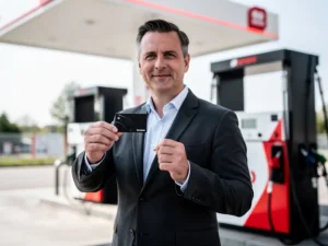 Ondernemer in donker blazer houdt brandstofpas vast bij modern Nederlands tankstation met rode en witte accenten.