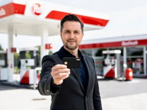Ondernemer in donker blazer houdt zwarte brandstofpas vast bij modern Nederlands tankstation met wit-rood luifel.