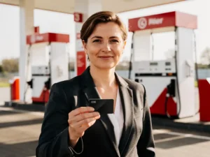 Zakenman in donker blazer houdt brandstofpas vast bij modern Nederlands tankstation met rode en witte luifels.