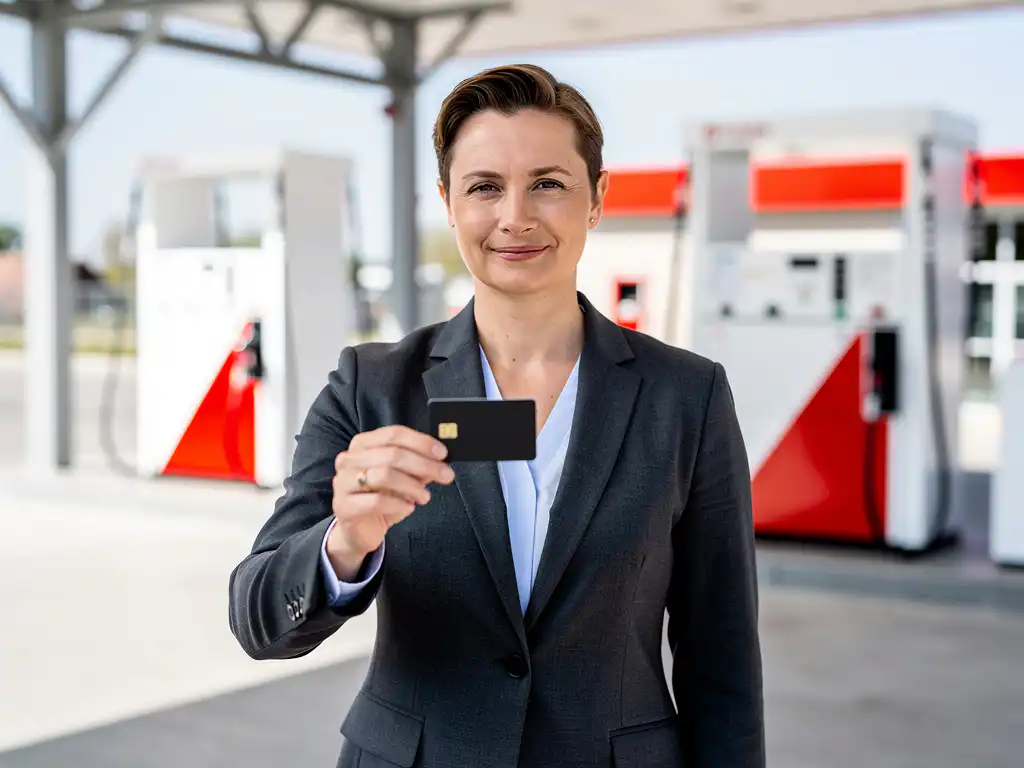Zakelijke professional in donker blazer houdt brandstofpas vast bij modern Nederlands tankstation met witte en rode pompen.