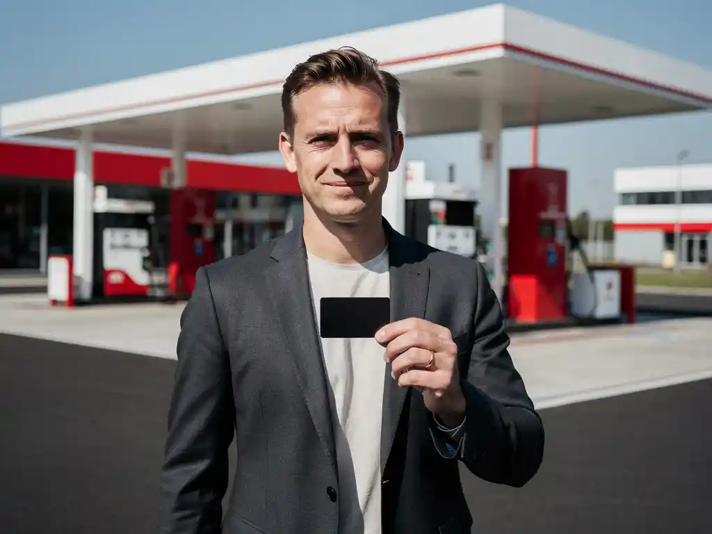 Zakelijke professional in donker blazer houdt brandstofpas vast bij modern Nederlands tankstation met wit-rode accenten.