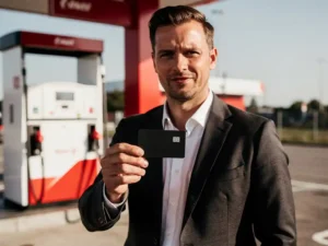 Zakenman in donker blazer houdt brandstofpas vast bij modern Nederlands tankstation met rood-wit brandstofpompstation.