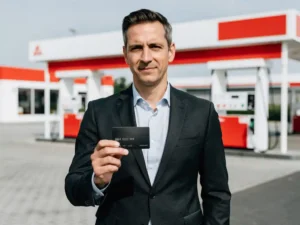 Zakenman in donker blazer houdt zwarte tankpas vast bij modern Nederlands tankstation met witte en rode accenten.