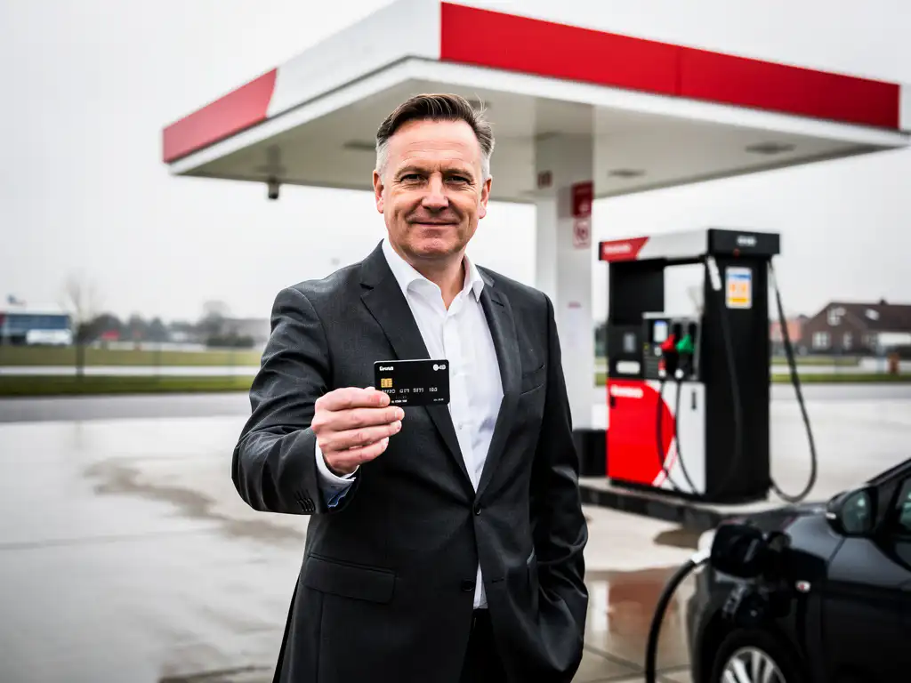 Zakenman in donker pak houdt brandstofpas vast bij modern Nederlands tankstation met onbemand brandende pomp op achtergrond.