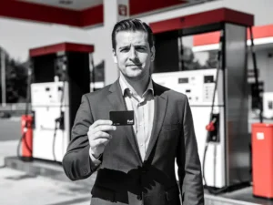 Freelance professional in donker blazer toont brandstofpas bij modern Nederlands tankstation met rode pompen op de achtergrond.