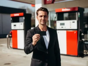 Ondernemer in donker blazer houdt brandstofpas vast bij modern Nederlands tankstation met rood-wit pompdesign.