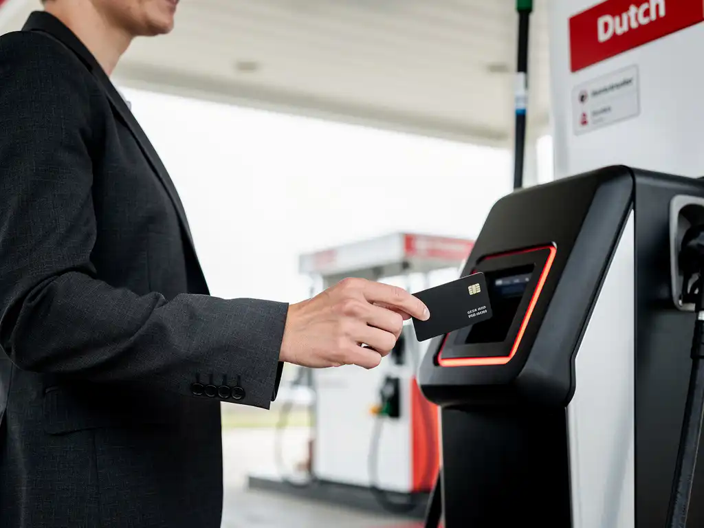 Zakelijke professional in donker blazer betaalt met zwarte tankpas bij modern betaalterminal op Nederlands tankstation.