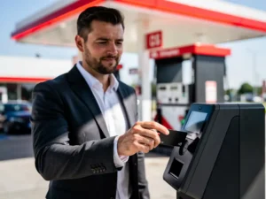Ondernemer in donker blazer tikt brandstofpas op betaalterminal bij Nederlands tankstation met wit afdak en rode pompverlichting.