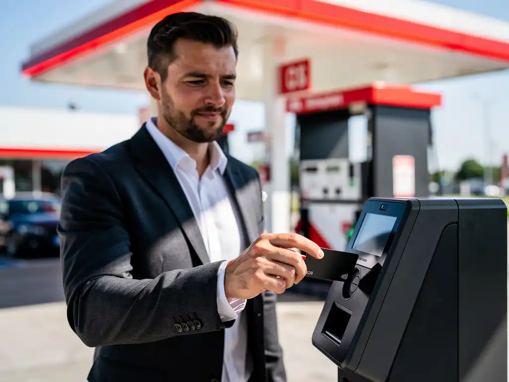 Ondernemer in donker blazer tikt brandstofpas op betaalterminal bij Nederlands tankstation met wit afdak en rode pompverlichting.