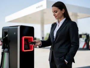 Zakelijke professional in donker blazer betaalt met tankpas bij modern betaalterminal op Nederlands tankstation.