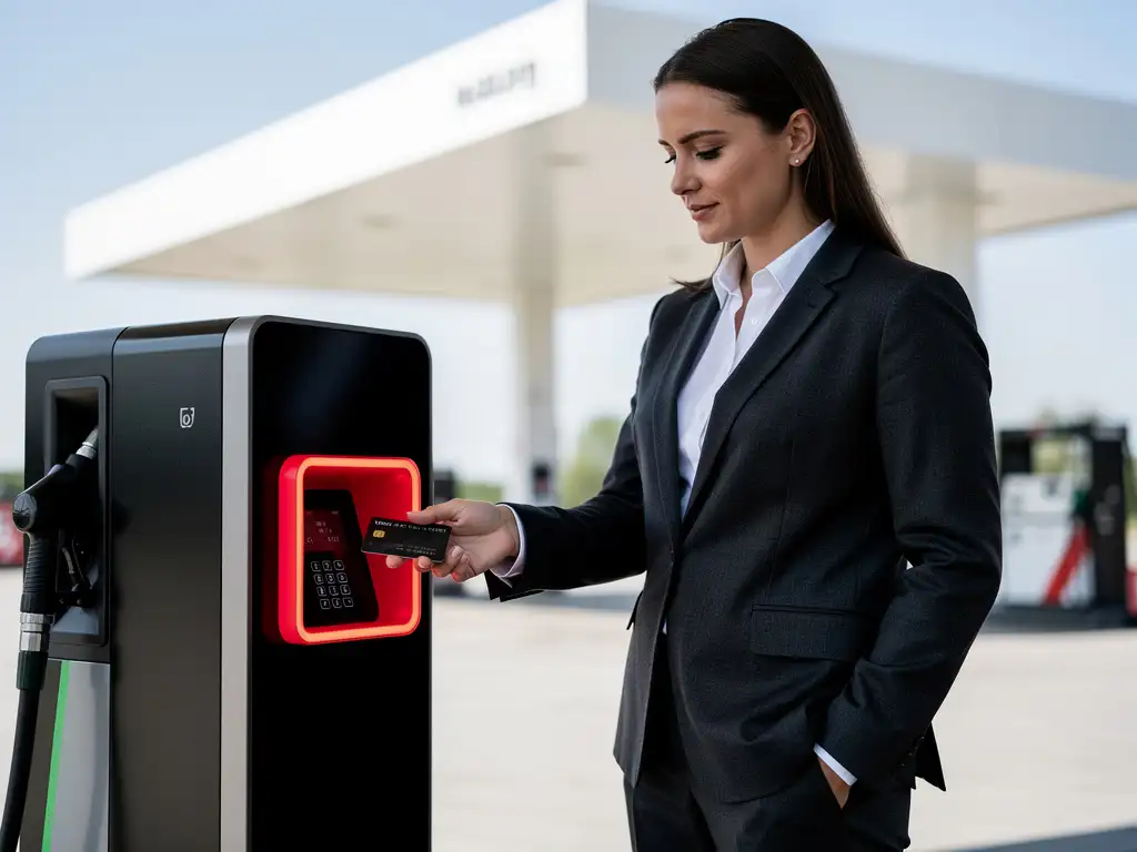 Zakelijke professional in donker blazer betaalt met tankpas bij modern betaalterminal op Nederlands tankstation.