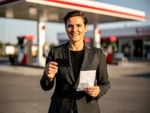 Zakelijke professional houdt tankpas en bonnetje vast bij modern Nederlands tankstation met rood-wit luifel.